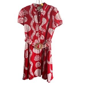 HOLLY SHAE RED WHITE SEASHELLS SHORT SLEEVE LINEN BLEND MINI DRESS NWOT $244